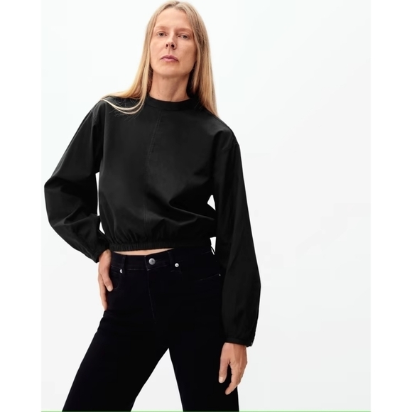 Everlane Blouse Women Black Crop The Mock Neck Bubble Top Cotton Long Balloon - Picture 1 of 15